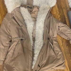 Women's Beige Faux Fur Hooded Puffer Coat